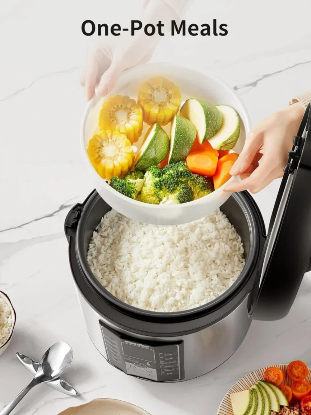 Versatile Rice Cooker with 6 Cooking Functions, Nonstick Pot, 10-Cup Capacity